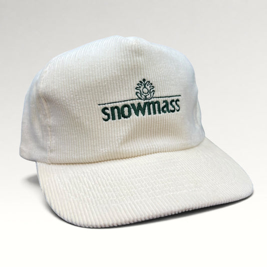 Vintage Snowmass white corduroy snapback hat, front right angle