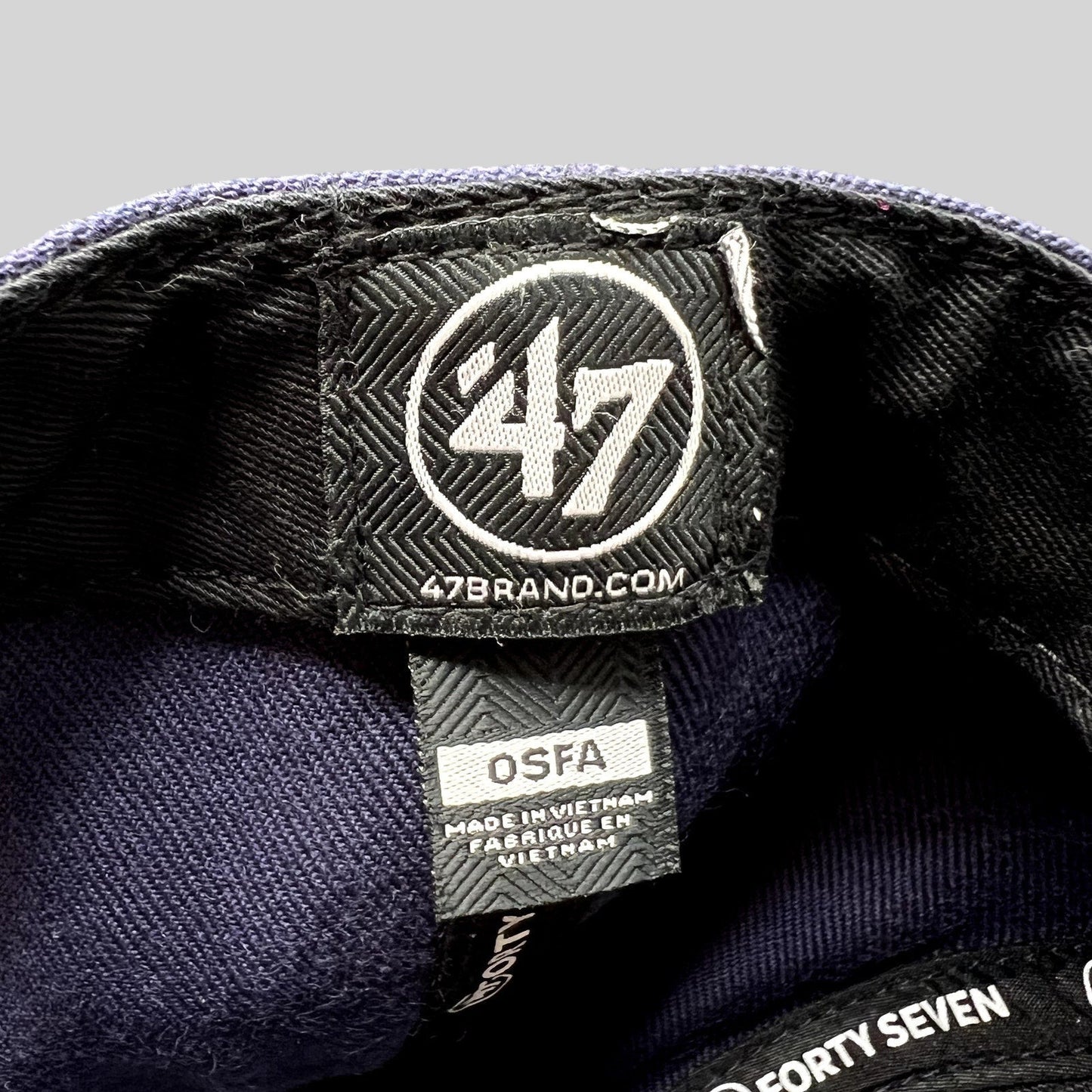 Raree Finds ’47 Brand interior hat label showing the logo and OSFA size tag on a navy blue cotton snapback cap