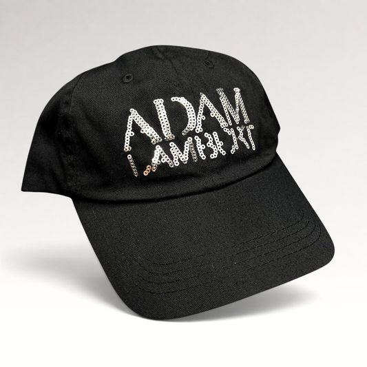 Raree Finds black cotton snapback hat featuring a silver sequin Adam Lambert logo on the front