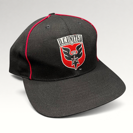 Raree Finds vintage Adidas DC United MLS snapback hat in black with red piping and embroidered team crest