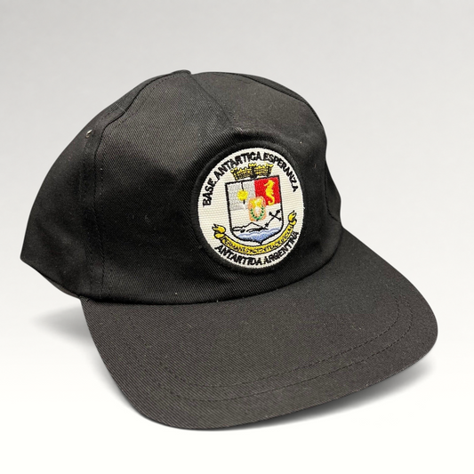 Raree Finds vintage black cotton snapback hat featuring an embroidered Base Antártica Esperanza Argentina crest patch.