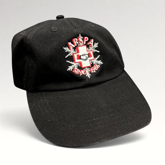 Raree Finds vintage black cotton Ouray Sportswear ASPA Ski Patrol hat with embroidered cross logo and Since 1946 text