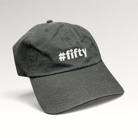 Raree Finds black cotton Aspen 2017 anniversary strapback hat with white #fifty embroidery on the front