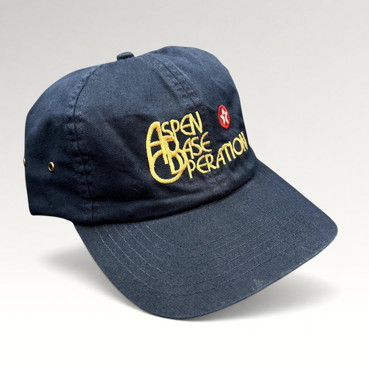 Raree Finds vintage navy blue Aspen Base Operation strapback hat by Falcon Headwear with yellow embroidered logo