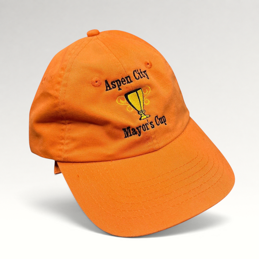 Raree Finds orange cotton dad cap featuring embroidered Aspen City Mayor’s Cup trophy graphic and curved brim.