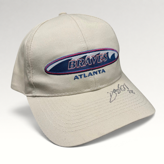 Raree Finds vintage khaki Atlanta Braves Logo Athletic strapback hat with signed brim and embroidered team logo