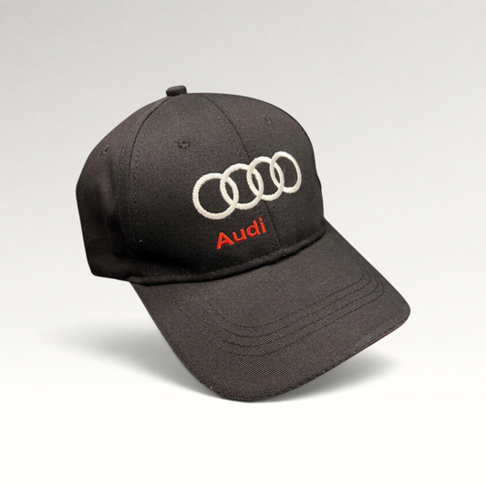 Raree Finds black cotton twill Audi strapback hat with white interlocking rings and red logo embroidery