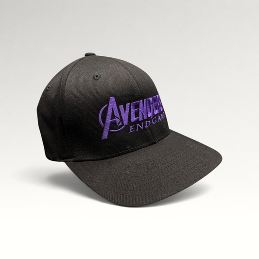Raree Finds Avengers Endgame cast and crew Flexfit hat with purple embroidered logo on a black crown