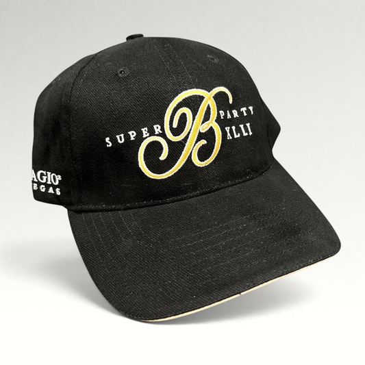 Raree Finds vintage black Bellagio Las Vegas Super Party XLII strapback hat with gold and white embroidered logo