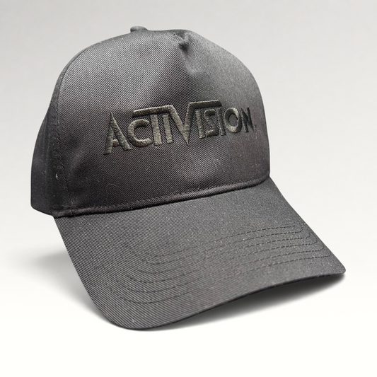 Raree Finds black Activision snapback hat with tonal embroidered logo on the front panel, made from cotton blend.