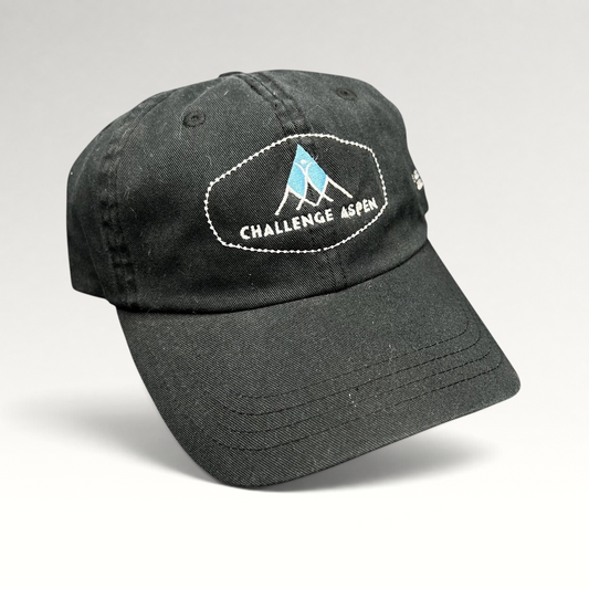 Raree Finds black cotton strapback hat featuring embroidered Challenge Aspen logo on the front