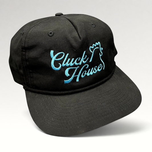 Raree Finds black Richardson Outdoor snapback hat with aqua blue Cluck House script embroidery and front rope detail.
