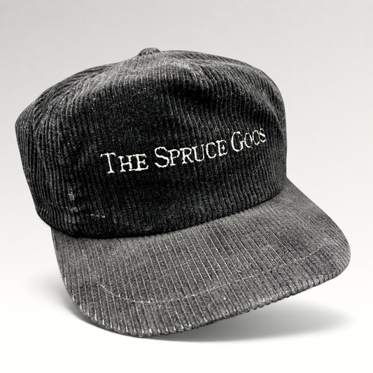 Raree Finds vintage black corduroy snapback hat with white embroidered The Spruce Goos text, made in the USA.
