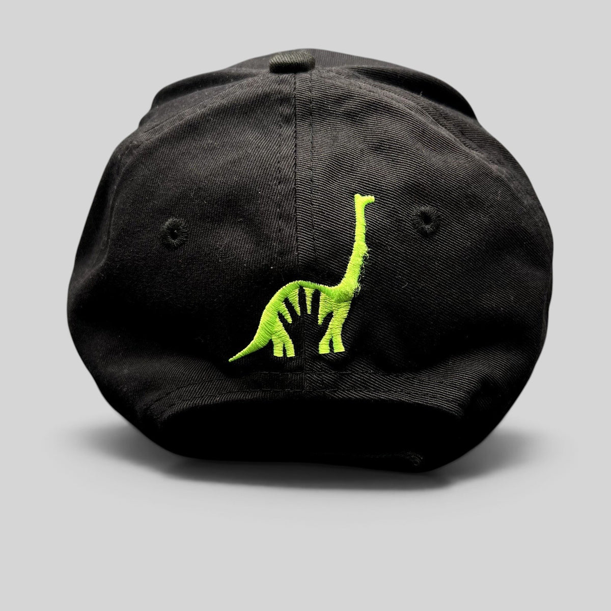 Raree Finds black strapback hat featuring green embroidered dinosaur character on the back from The Good Dinosaur movie
