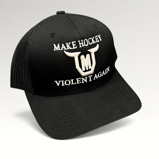 Raree Finds black Yupoong Classics trucker hat with white embroidered Make Hockey Violent Again slogan and horned logo