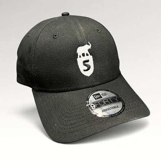Raree Finds black New Era 9FORTY strapback hat featuring a white embroidered Five Park Miami Beach elephant crest logo