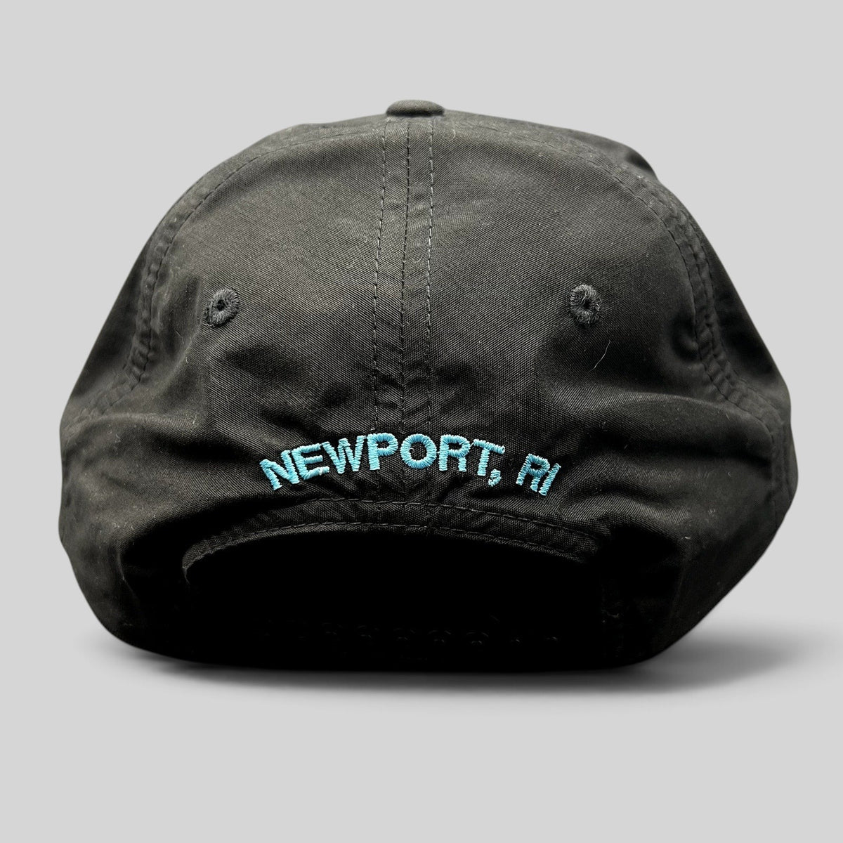 Raree Finds black Richardson Outdoor snapback hat with aqua blue Newport RI embroidery on the back