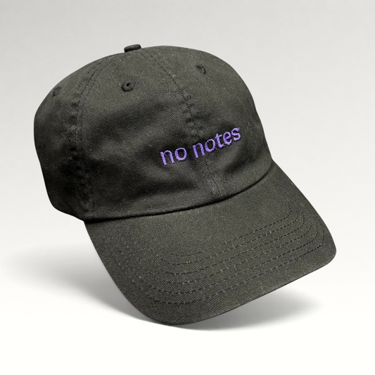 Raree Finds black cotton twill dad hat with purple embroidered no notes text on the front