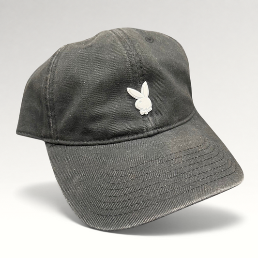 Raree Finds black cotton strapback hat featuring a minimalist silver metal Playboy bunny logo on the front crown