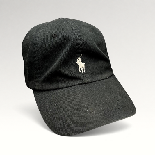 Raree Finds black Polo Ralph Lauren cotton twill strapback hat featuring a white embroidered pony logo