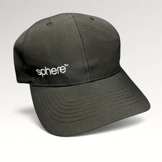 Raree Finds black strapback hat with white sphere logo embroidery and curved brim in a minimalist polyester design.