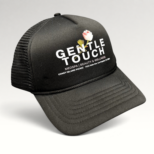 Raree Finds black Coney Island Picnic trucker hat with Gentle Touch MedSpa rose graphic and adjustable snapback closure