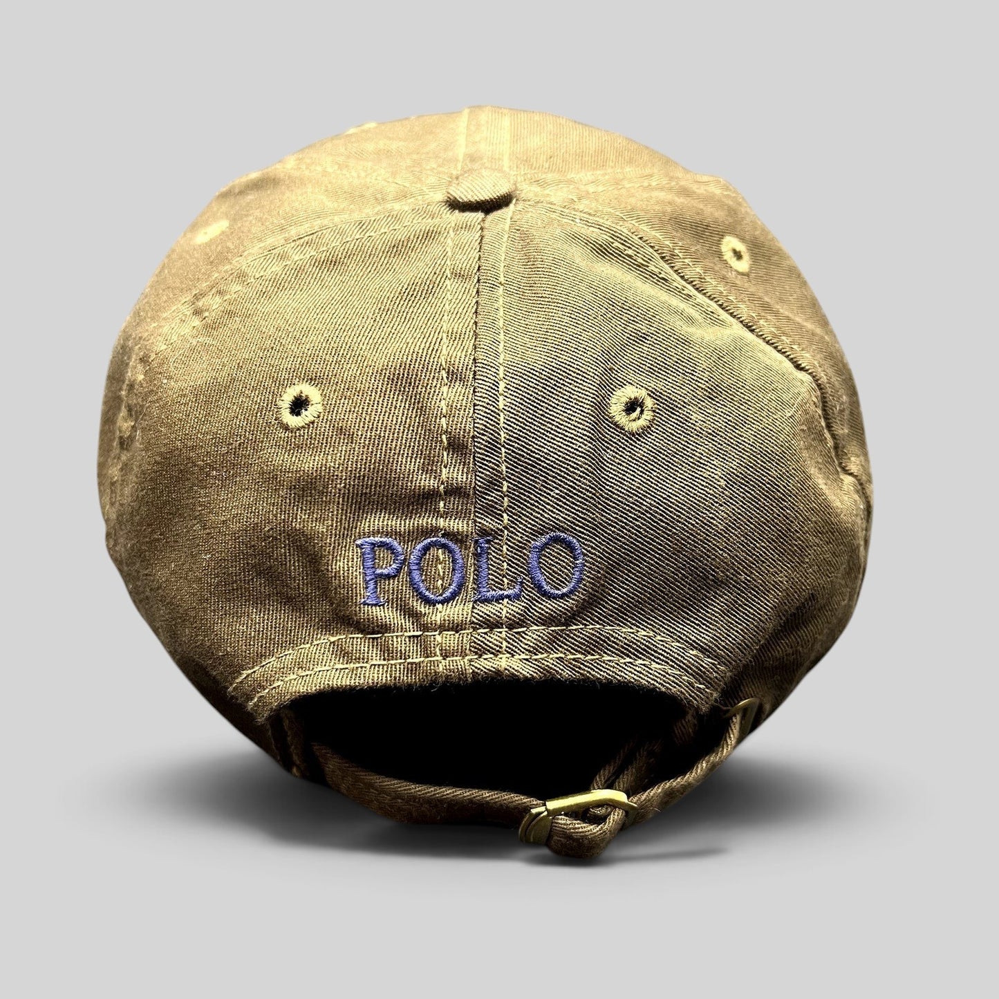 Raree Finds brown cotton Polo Ralph Lauren strapback cap with navy embroidered logo on the back and brass hardware