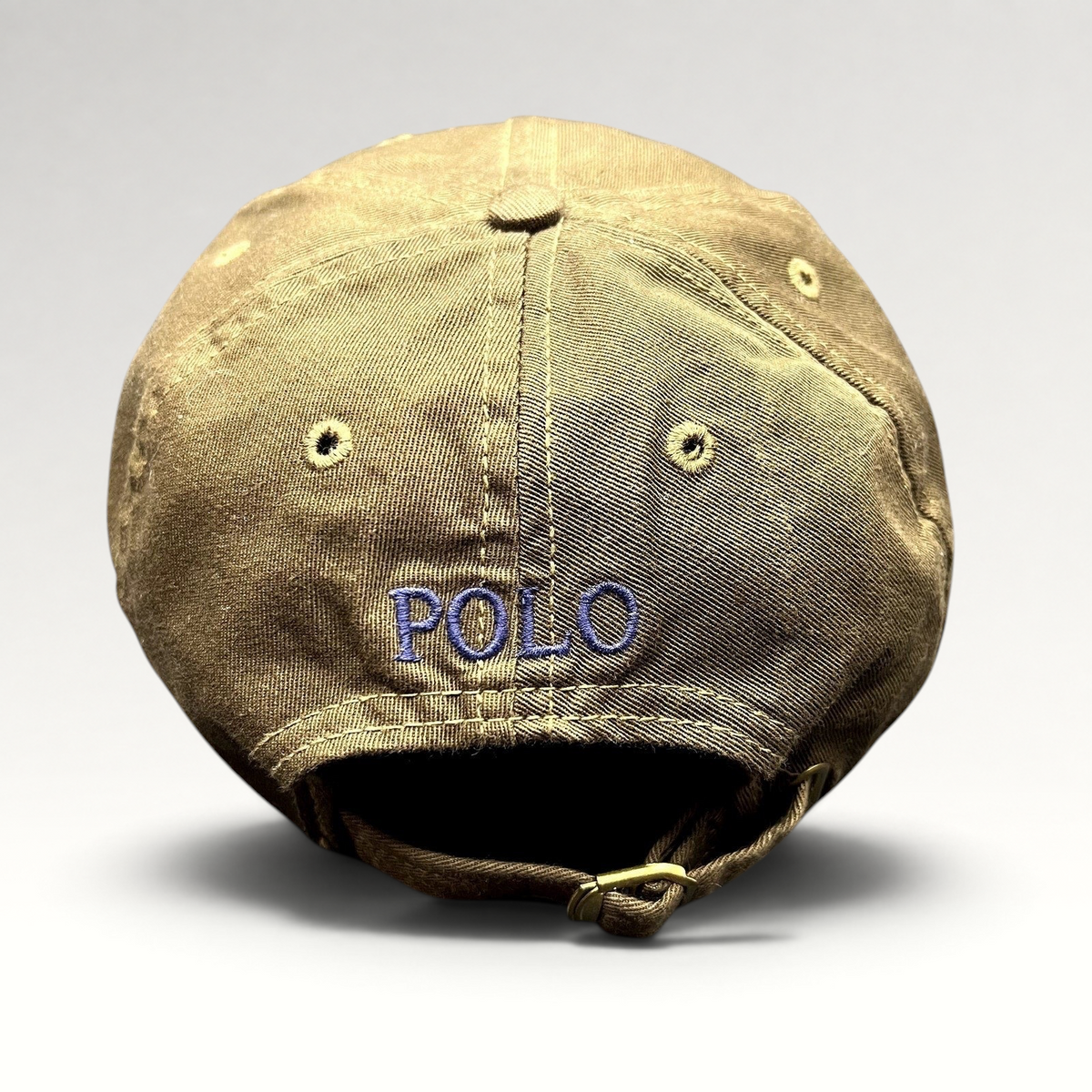 Raree Finds brown cotton Polo Ralph Lauren strapback cap with navy embroidered logo on the back and brass hardware