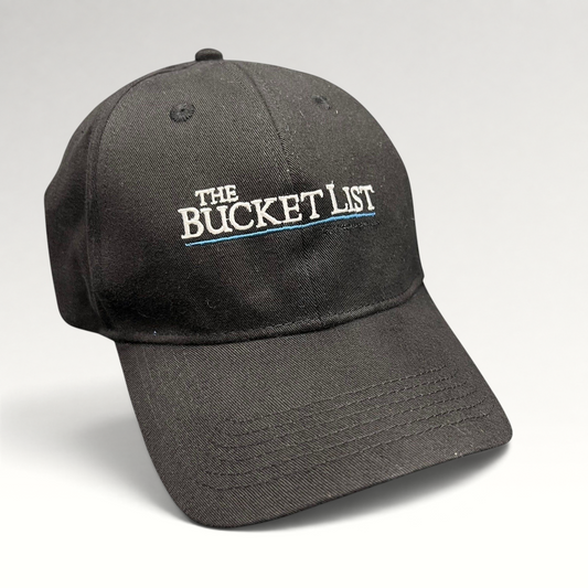 Raree Finds black cotton strapback hat featuring The Bucket List movie cast and crew embroidery in white and blue