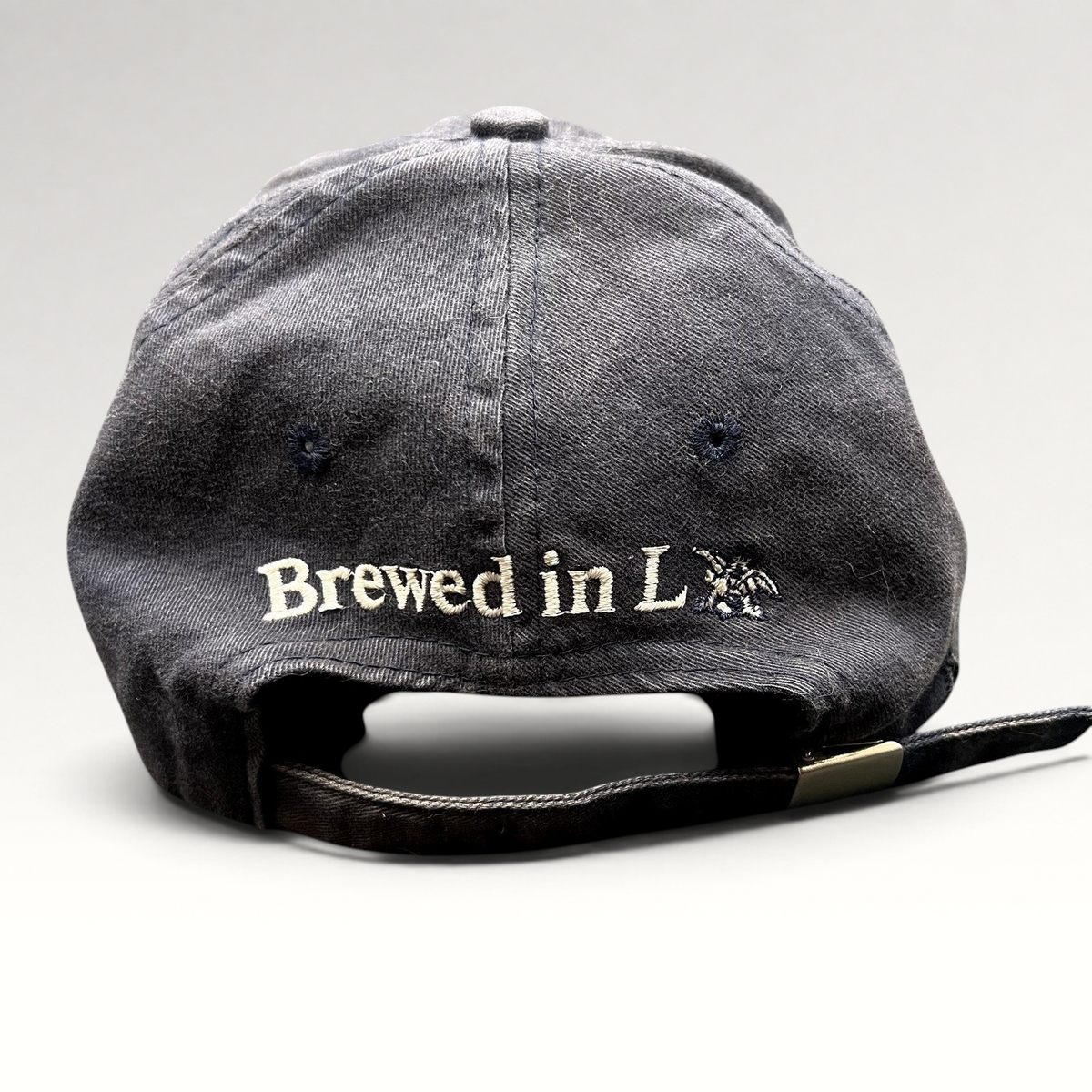 Raree Finds vintage Budweiser strapback hat with Brewed in L.A. embroidery on the back in black cotton twill