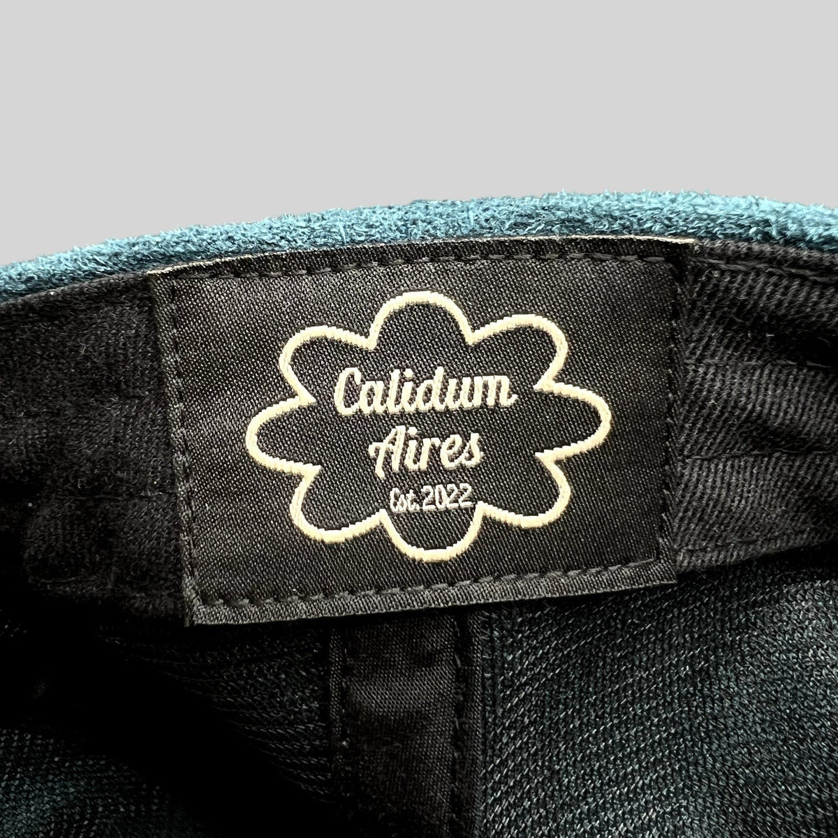 Raree Finds Calidum Aires interior black fabric brand label with white embroidered logo inside a teal suede hat
