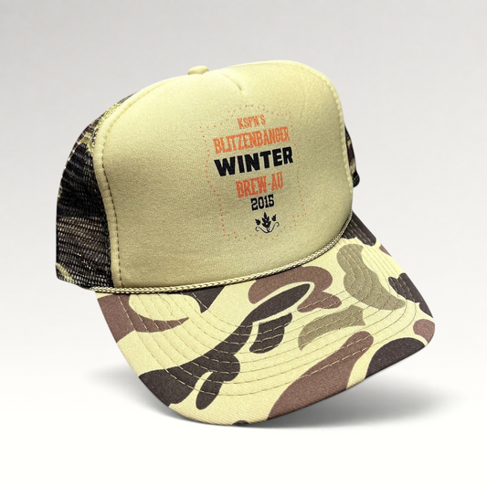 Raree Finds 2015 KSPN Blitzenbanger trucker hat with tan foam front, duck camo brim, and mesh back snapback closure.