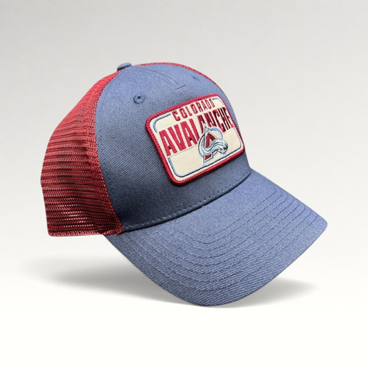 Raree Finds Colorado Avalanche NHL trucker snapback hat with blue cotton crown, maroon mesh back, and logo patch.