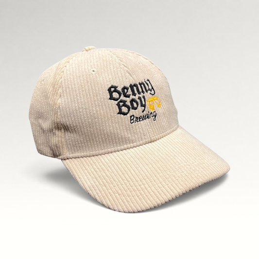 Raree Finds cream corduroy Benny Boy Brewing strapback hat with embroidered logo and beer glass graphic