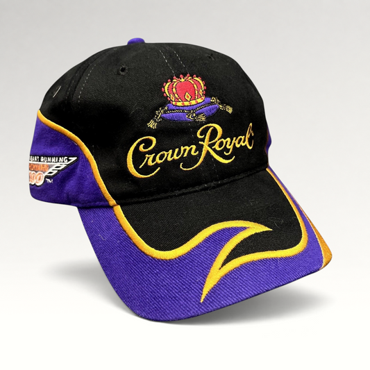 Raree Finds vintage 2003 Crown Royal Roots strapback hat in black and purple with gold embroidered logo and visor detail