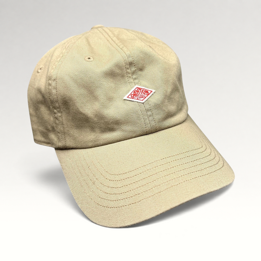Raree Finds Danton khaki cotton twill strapback hat with red diamond logo embroidery on a six-panel cap