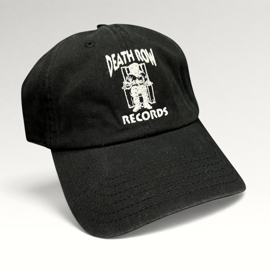 Raree Finds black cotton strapback hat with white embroidered Death Row Records electric chair logo on the front