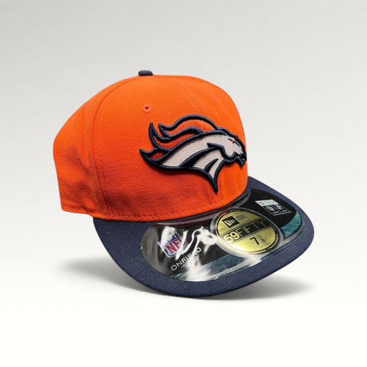Raree Finds Denver Broncos New Era fitted hat with orange crown, navy brim, and embroidered team logo