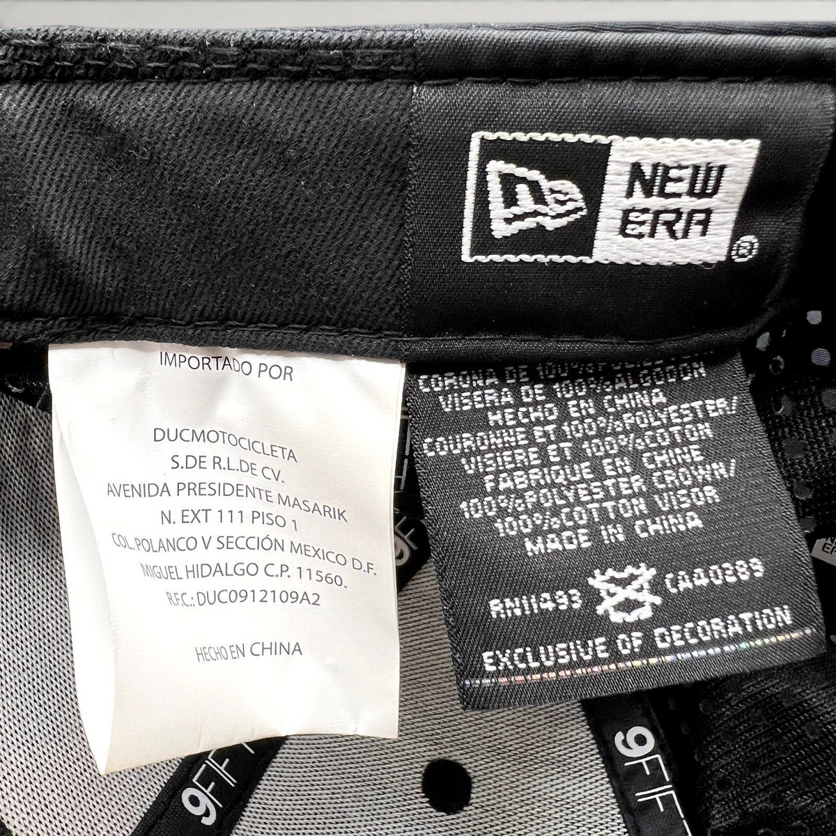 Raree Finds New Era 9FIFTY Ducati cap interior labels showing material composition and manufacturing details