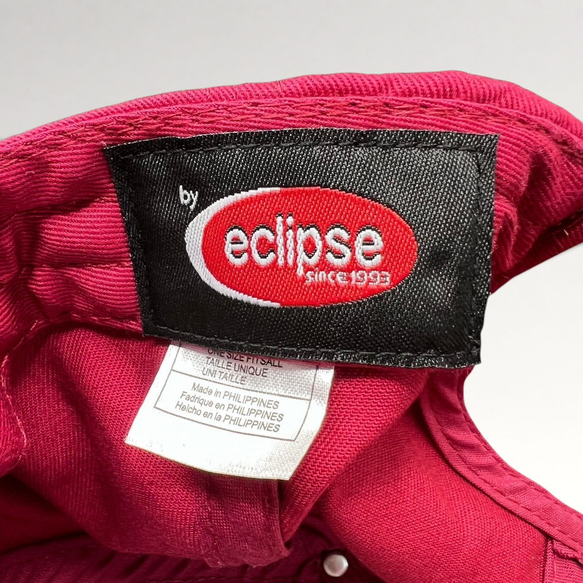 Raree Finds vintage Eclipse snapback interior tag showing brand logo and Philippines manufacturing label