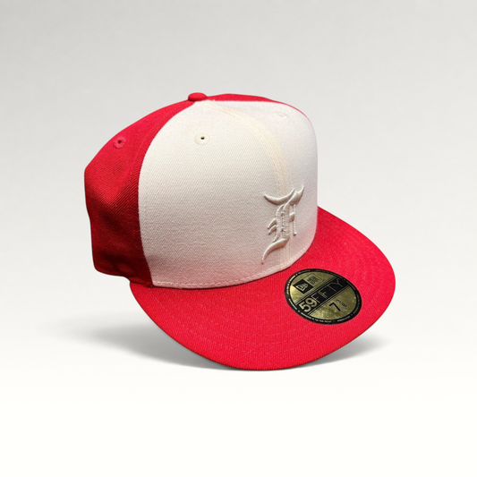 Raree Finds Fear of God Essentials x New Era 59FIFTY fitted hat in red and white wool with white embroidered F logo.