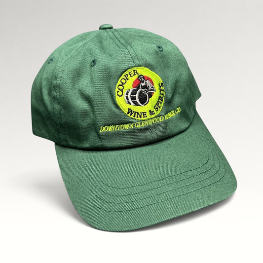 Raree Finds forest green cotton strapback hat with vintage Cooper Wine & Spirits logo embroidery