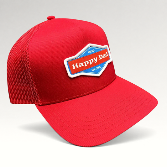 Raree Finds bright red Happy Dad Hard Seltzer trucker snapback hat with embroidered logo patch and mesh back panels