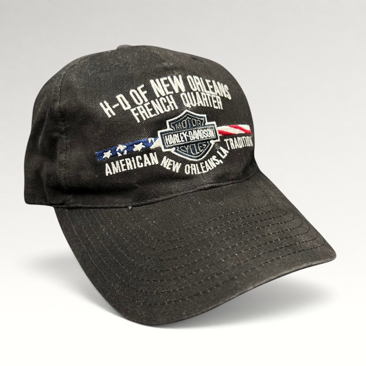 Raree Finds black cotton Harley-Davidson strapback hat with New Orleans French Quarter embroidered flag graphic