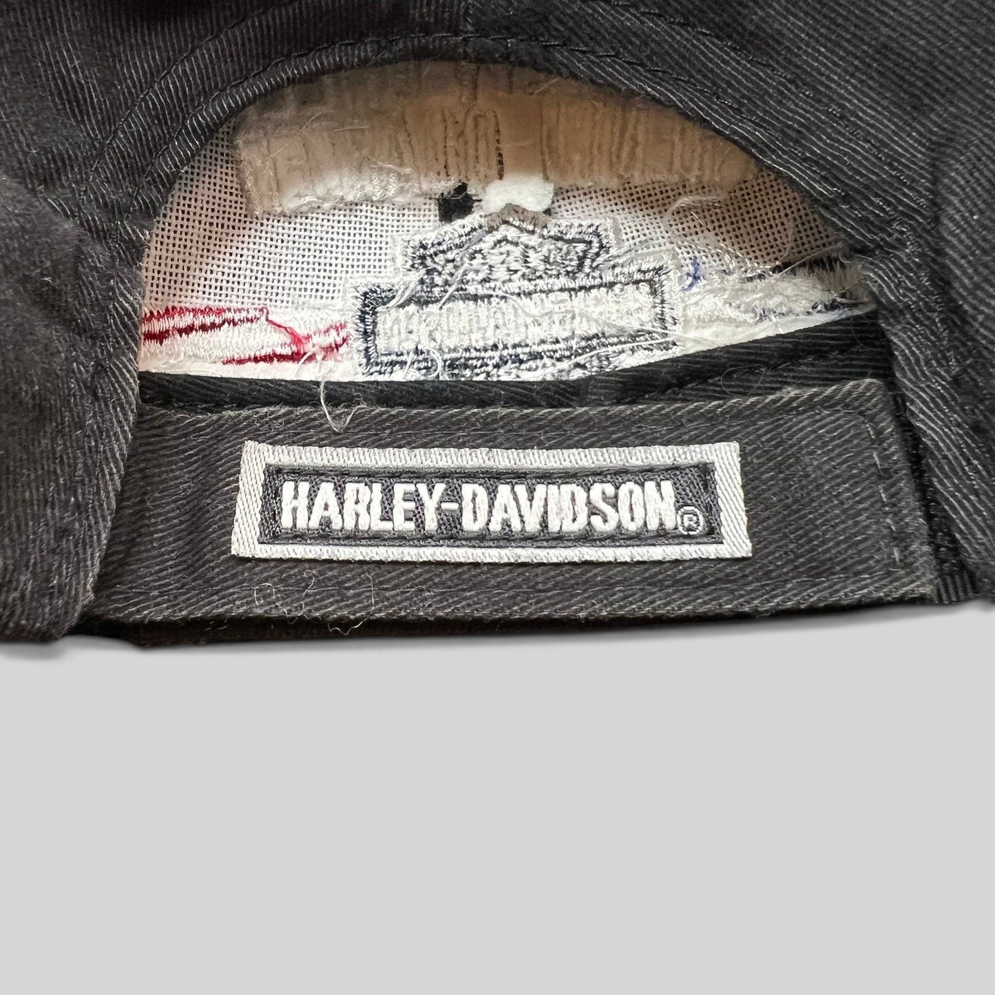 Raree Finds Harley-Davidson black cotton strapback hat with branded interior label and logo embroidery