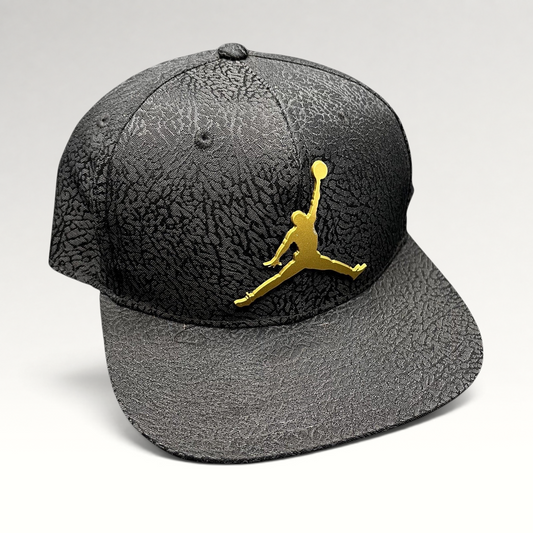 Raree Finds youth Jordan snapback hat in black with elephant print texture and a metallic gold Jumpman logo.