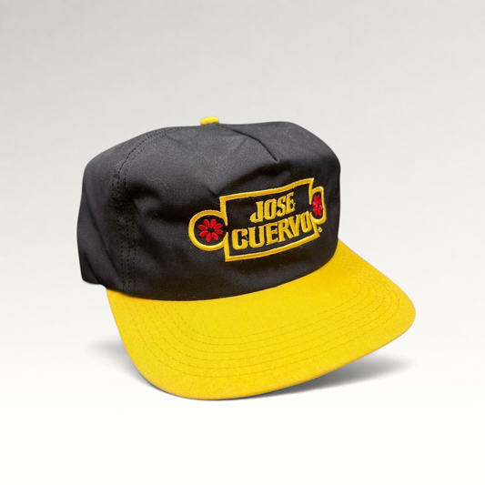 Raree Finds vintage Jose Cuervo black and yellow snapback hat with gold embroidered logo and floral accents