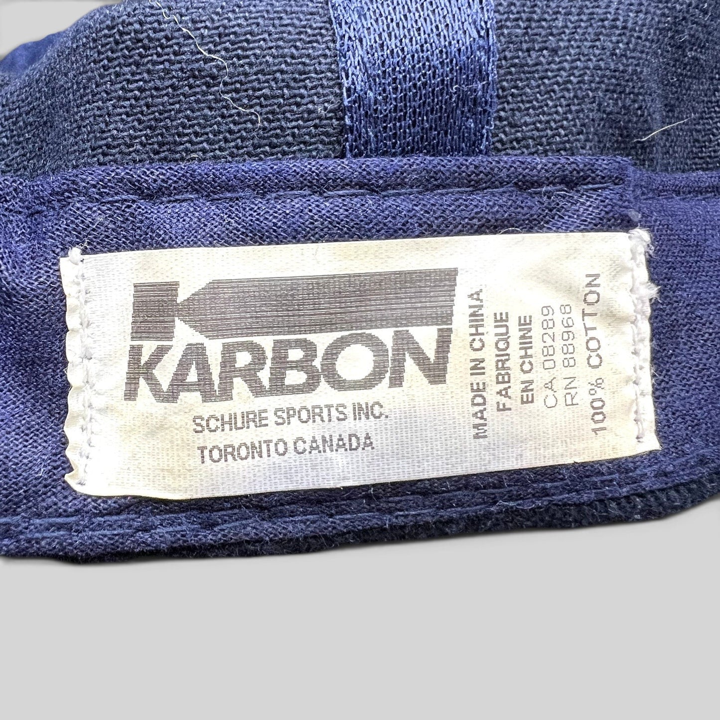 Raree Finds vintage Karbon 100% cotton navy blue hat interior label with manufacturing details