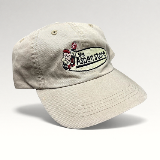 Raree Finds vintage khaki cotton strapback hat with The Aspen Store embroidered logo and unstructured fit