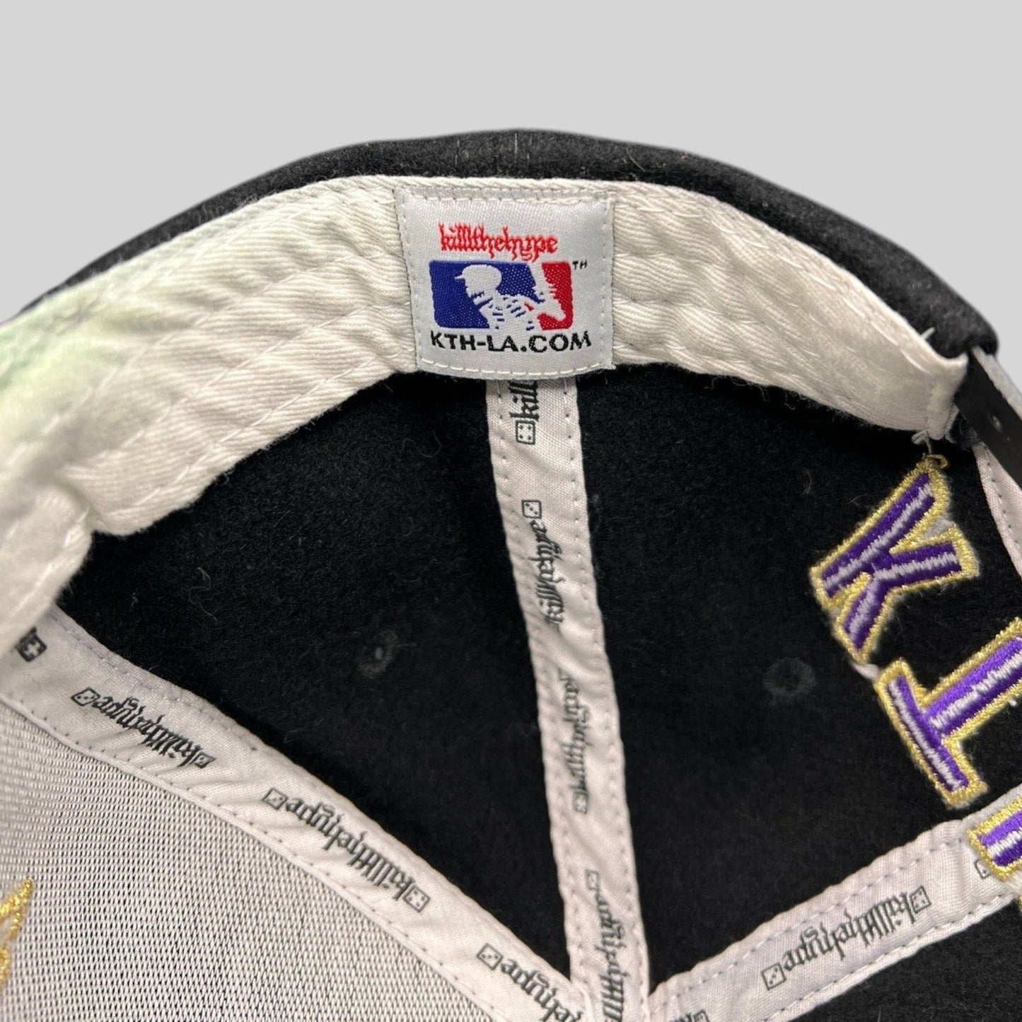 Raree Finds Kill the Hype Los Angeles Lakers snapback interior showing branded taping and KTHLA logo label